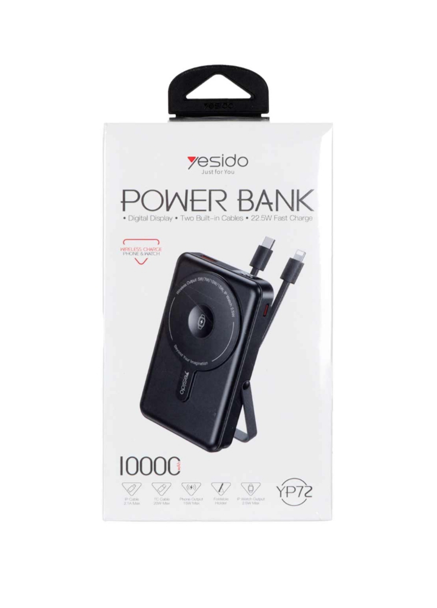 Yesido 10000mAh و فست شارژ )PD( پاوربانک وایرلس مدل 22.5 P72 - مشکی